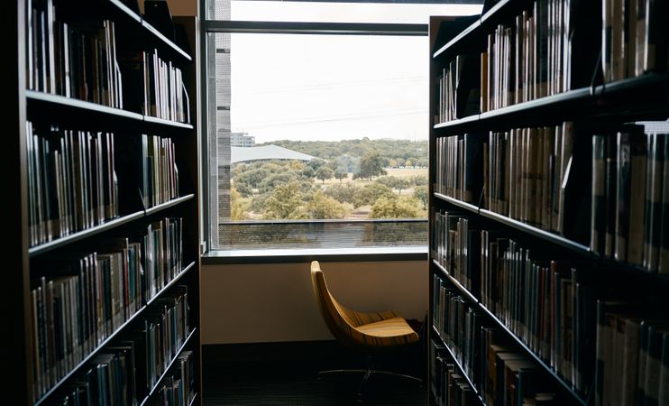 Empty passage between bookcases with big window