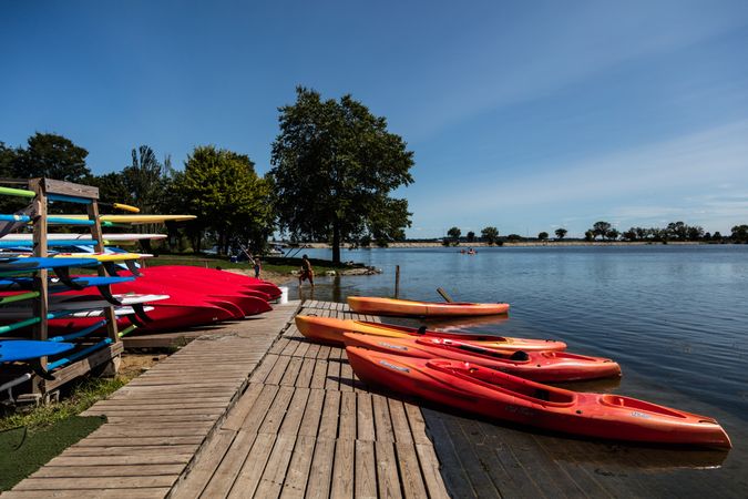 Bright-red kayaks at Brittingham Park's beach in Madison, Wisconsin