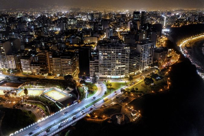 High-angle view of city buildings in Lima, Peru at night