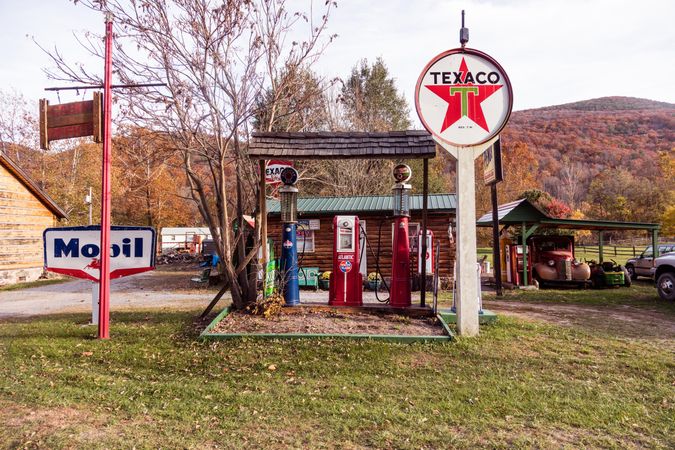 A vintage gasoline station display at a tourist-cabin site in Seneca Rocks, West Virginia