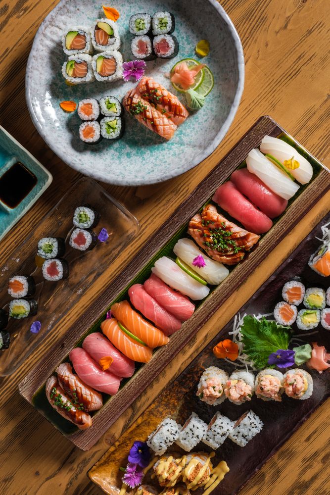 Yummy sushi set on table