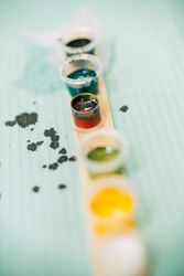 Row of small pots of ink for a tattoo