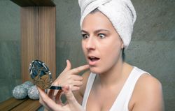 Surprised woman looking an acne pimple in mirror