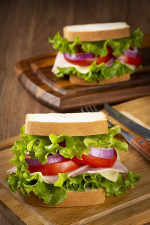 Natural sandwich. Sandwich with cheese, ham, lettuce, tomato and red onion.
