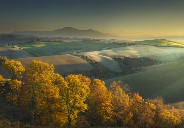 Autumn landscape, rolling hills and Mount Amiata, Asciano, Siena, Tuscany, Italy