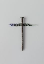 Nail on light background crossed with leaf