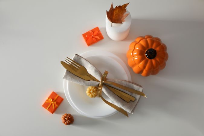 Concept of Thanksgiving day, Autumn table setting, top view