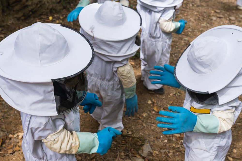 Faceless group of children in protective uniform in apiary