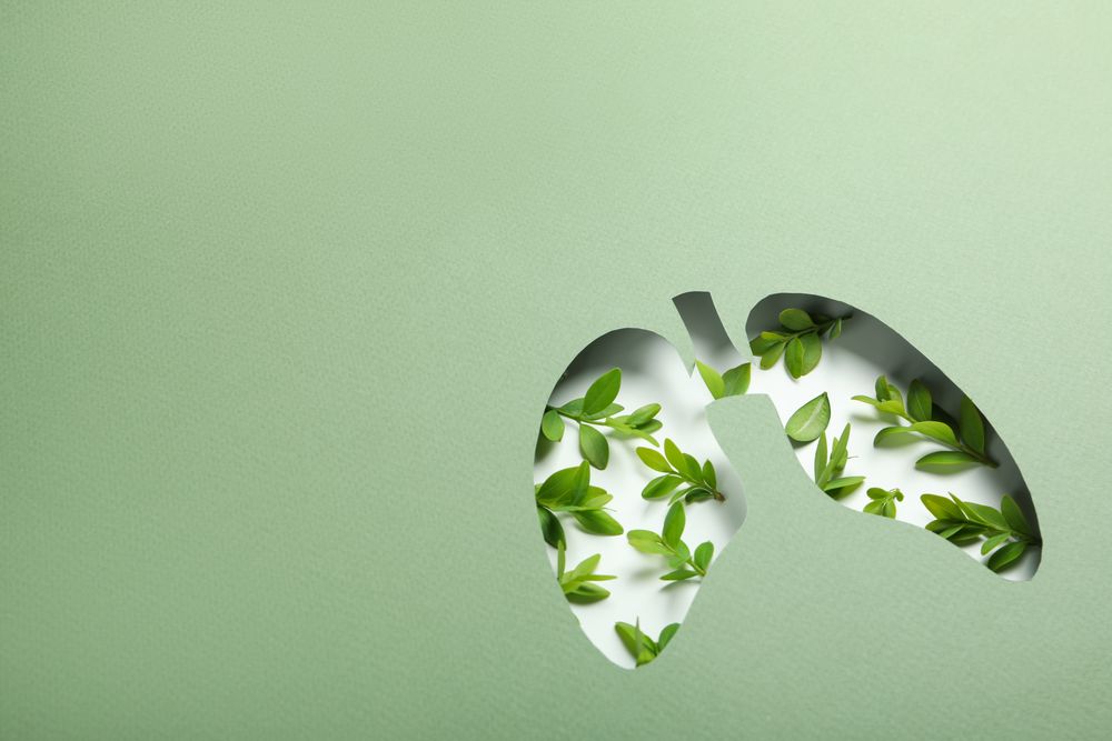 Lungs cut out of green paper revealing leaves underneath with copy space