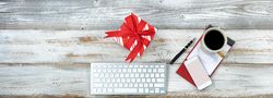 Overhead view of a functional desktop during holiday season concept