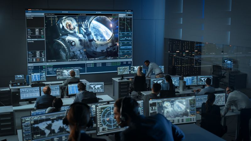 Space Mission Control Room Monitors Astronaut's Spacewalk.