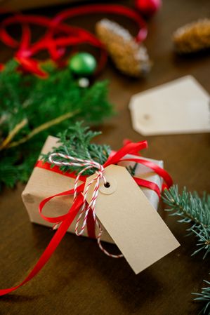High angle view of Christmas present on table