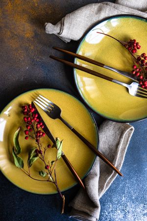 Autumnal napkin, silverware and yellow plates with wild red berries