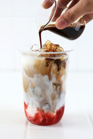 Pour Coffee to the Cup, Process Making Strawberry Milk Latte