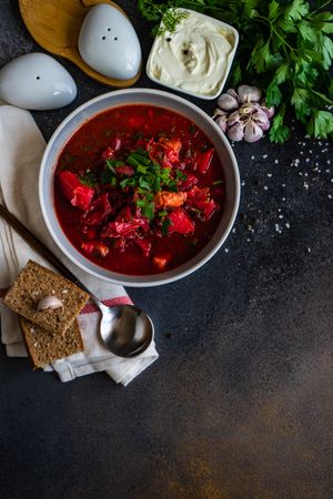 Ukrainian beetroot soup borscht, vertical composition