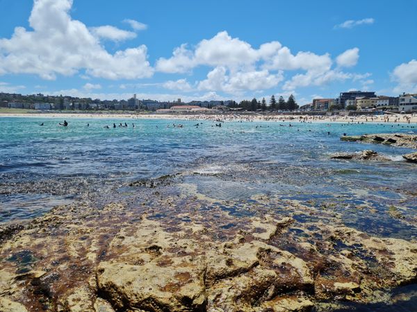 Beacher goers wading in shallow rocky beach