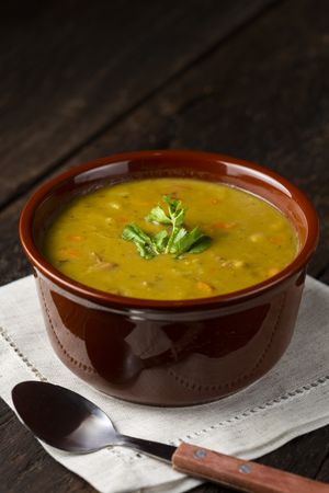 Pea soup. Bowl with pea soup on the table