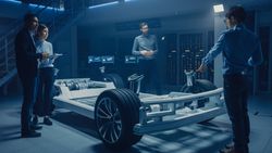 Automobile Engineers Designing Electric Car Platform Chassis Prototype