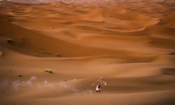Happy woman holding firework in desert