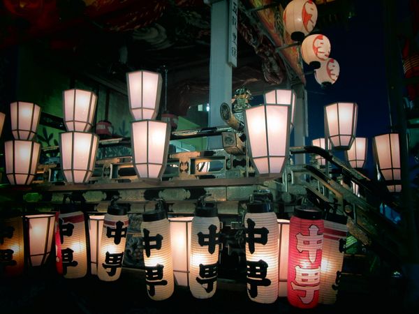 Lit kanji text print lantern at night