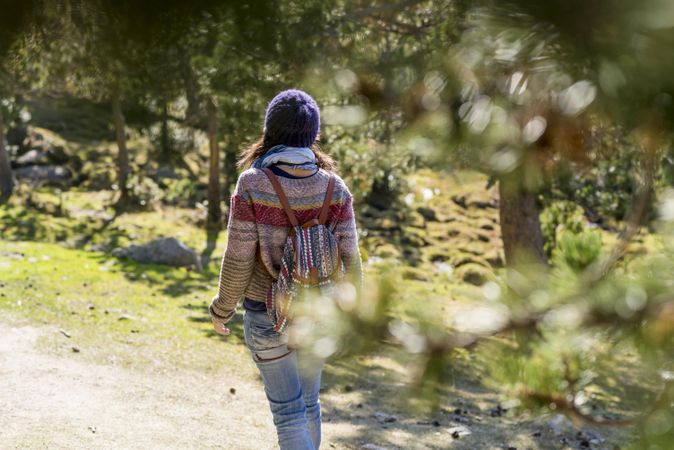 Rear of woman in sweater strolling in the woods