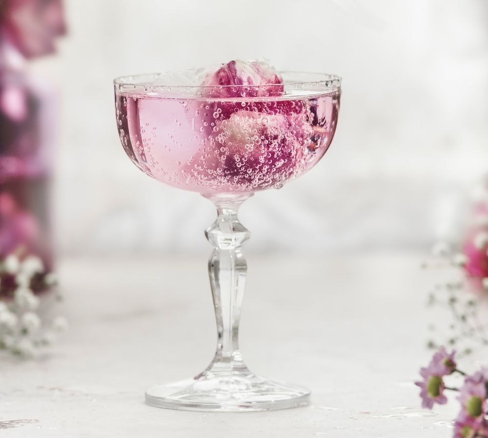 Close up of sparkling pink drink with rose petals in champagne glass