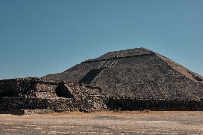 Ancient pyramid in Teotihuacan Valley with clear blue sky