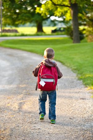 Back view of child with backpack walking on the road