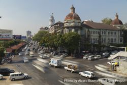 Yangon, Myanmar - December 19, 2019: Traffic jams in front of the Yangon Divisional Court building bGmkl5