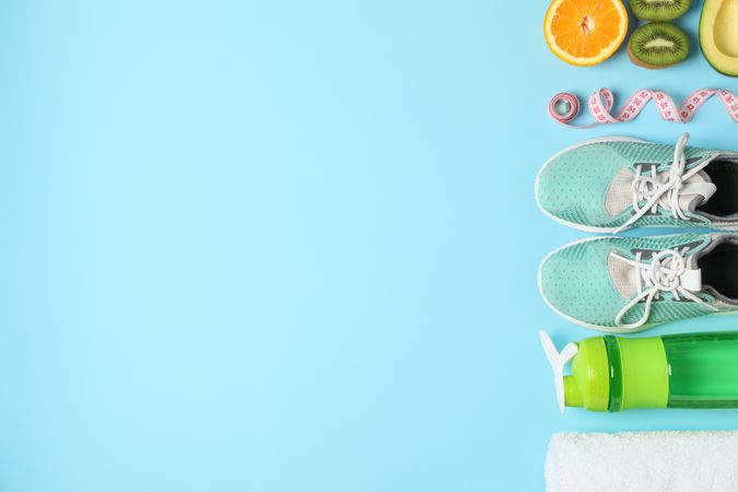 Flat lay composition with loss weigh accessories on color background