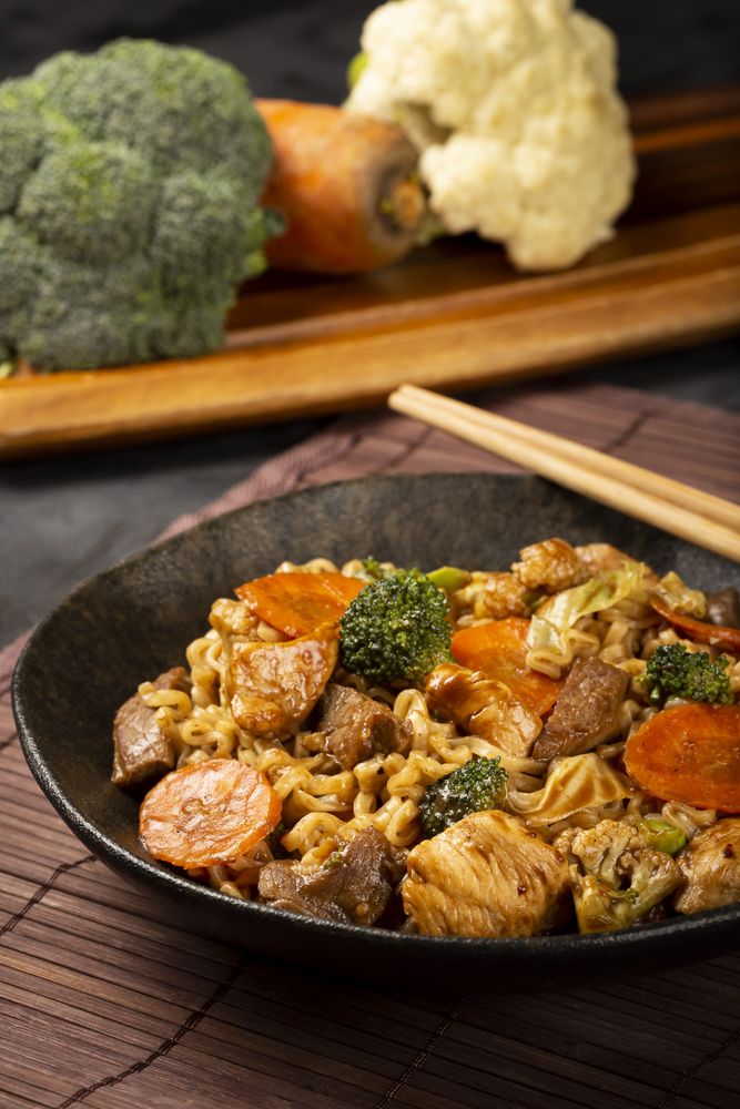 Yakisoba noodles. Yakisoba dish with meat, chicken and vegetables.