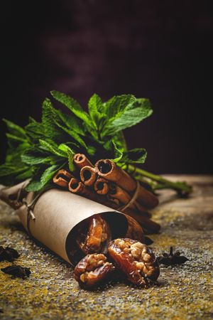 Dates fruits with walnuts, mint and cinnamon for Ramadan