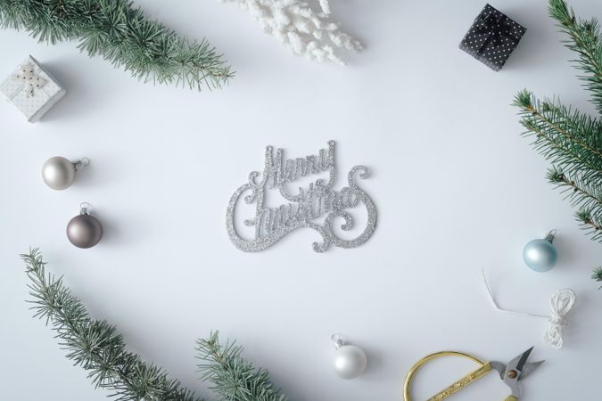 Winter branches and “Merry Christmas” decorations on pastel grey background