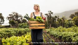 Woman farmer walking through her garden carrying box of fresh produce bGDrA0