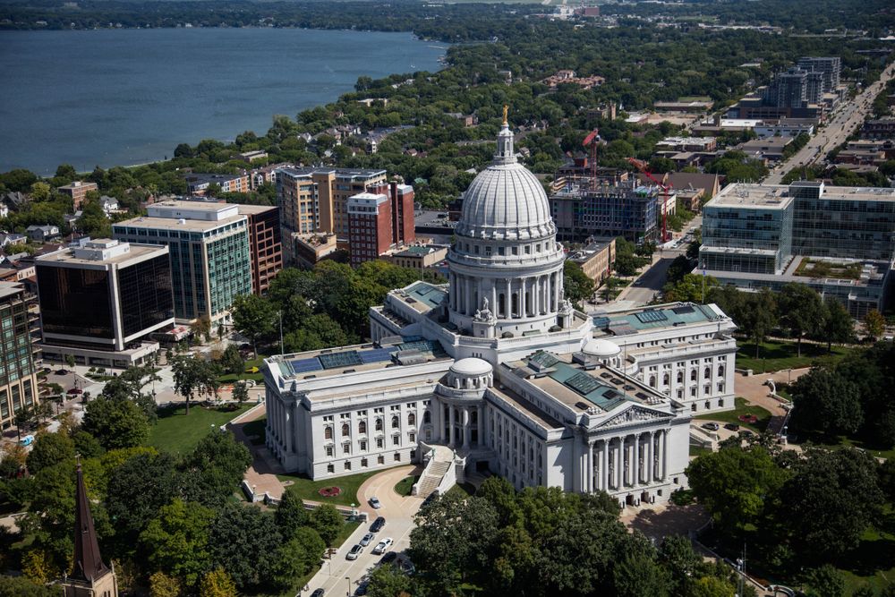 Aerial view of the Wisconsin Capitol and surrounding neighborhoods in Madison, Wisconsin