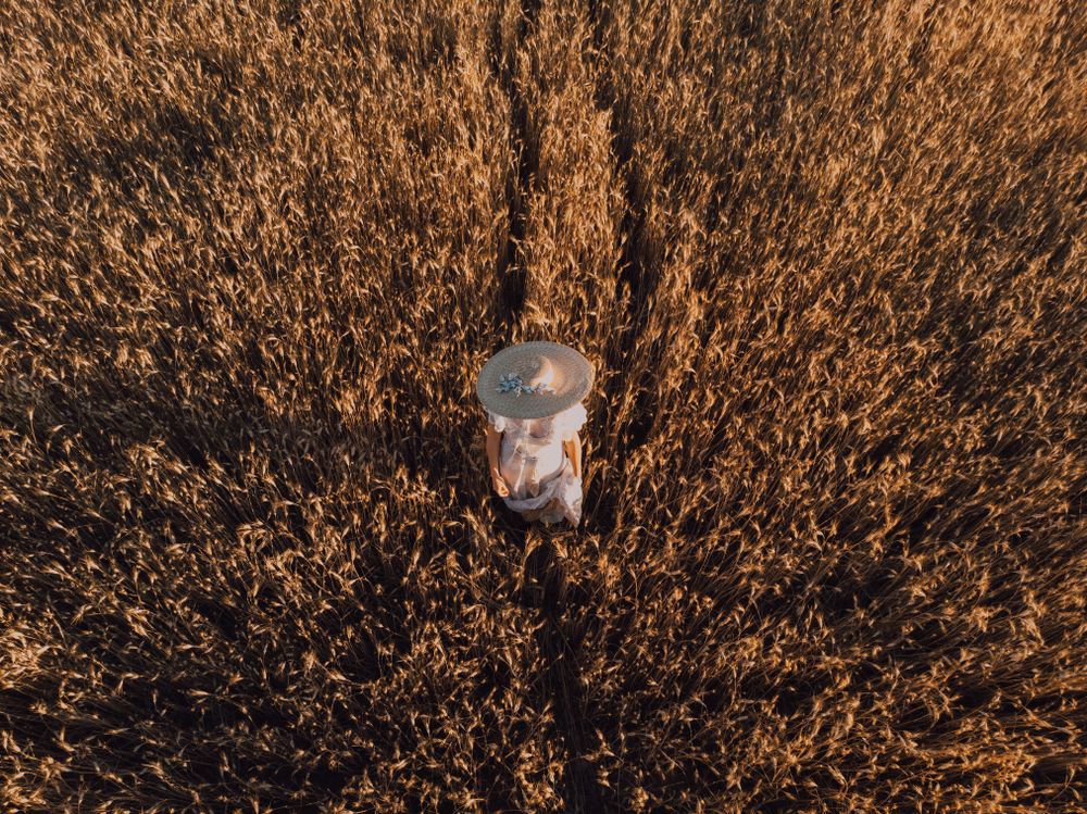 Woman in big round hat in middle of wheat field
