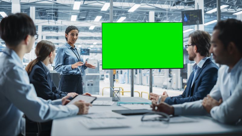 Woman leading group of designers in meeting room with green screen
