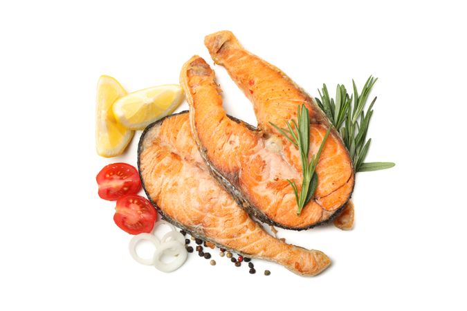 Tasty grilled salmon and ingredients isolated on blank background