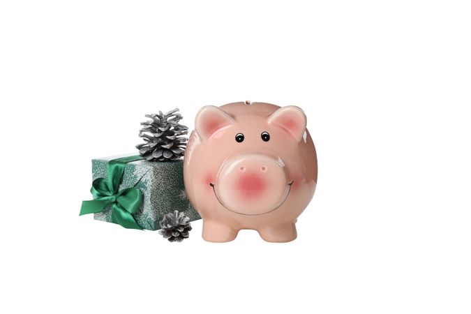 Piggy bank and gift box, isolated on light background