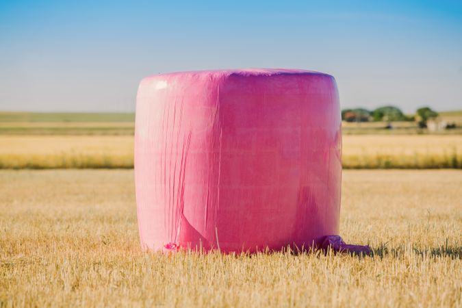 Bales wrapped with pink plastic