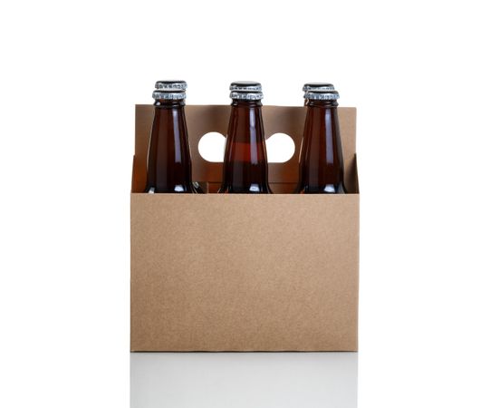 Six pack of bottled beer in generic brown cardboard carrier on plain background