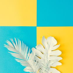 Painted tropical and palm leaves on cyan and yellow background