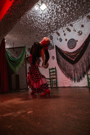 Woman dancer in flamenco costume standing in dance posture