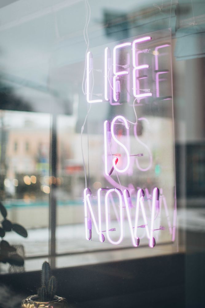 Life Is Now neon signage on a window glass