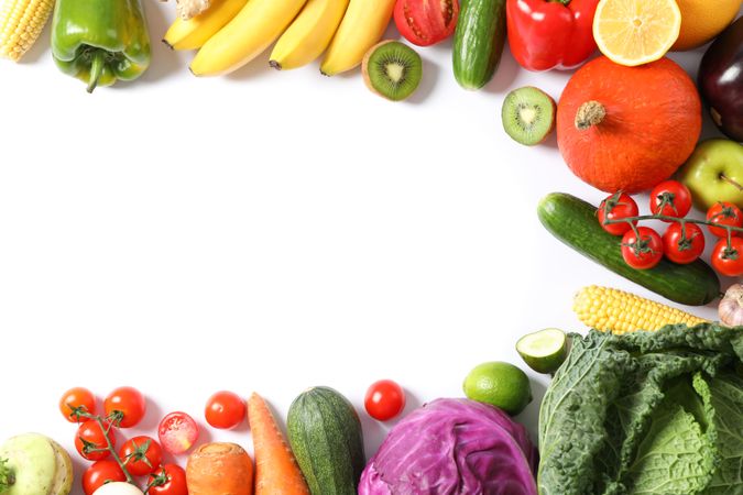 Composition with ripe vegetables and fruits isolated. Top view