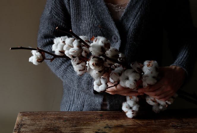 Crop woman with cotton twigs