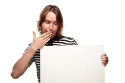Fun Young Man Holding Mockup Sign