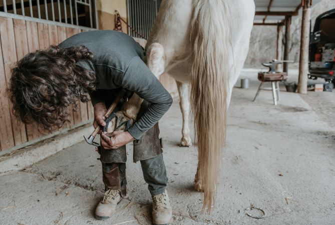 Crop farrier cleaning horse hoof
