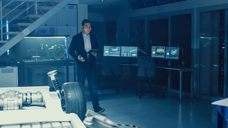 Development Laboratory Room with Professional Automotive Design Engineer Working on a Electric Car Chassis with Wheels, Batteries, Engine and Suspension.