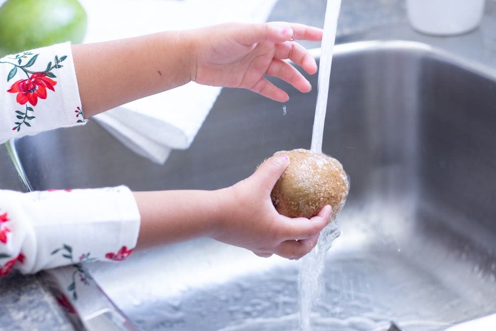 Child washing kiwi in an aluminum sink